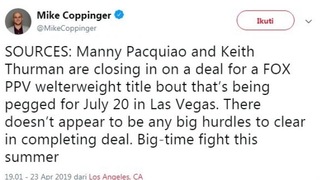 Cuitan Mike Coppinger terkait wacana duel Manny Pacquiao vs Keith Thurman. [Twitter@MikeCoppinger]