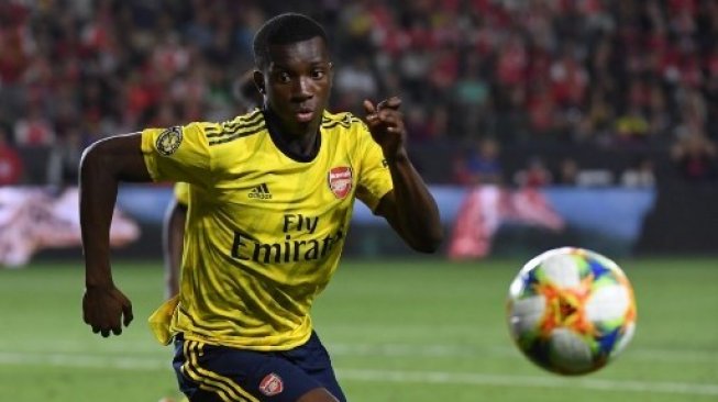 Pemain depan Arsenal Eddie Nketiah menjadi pencetak gol kemenangan Arsenal atas Bayern Munich pada laga International Champions Cup di Dignity Health Stadium, Carson, California, AS. Mark RALSTON / AFP