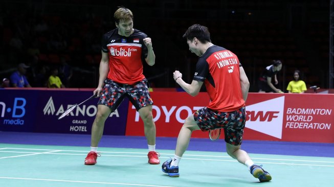 Pasangan ganda putra Indonesia, Kevin Sanjaya Sukamuljo/Marcus Fernaldi Gideon. [Humas PBSI]