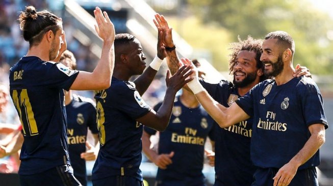 Pemain Real Madrid melakukan selebrasi usai mencetak gol ke gawang Celta Vigo pada laga perdana Liga Spanyol 2019/20 di Stadion Balaidos, Spanyol, Sabtu (17/8/2019). (Instagram/@realmadrid)