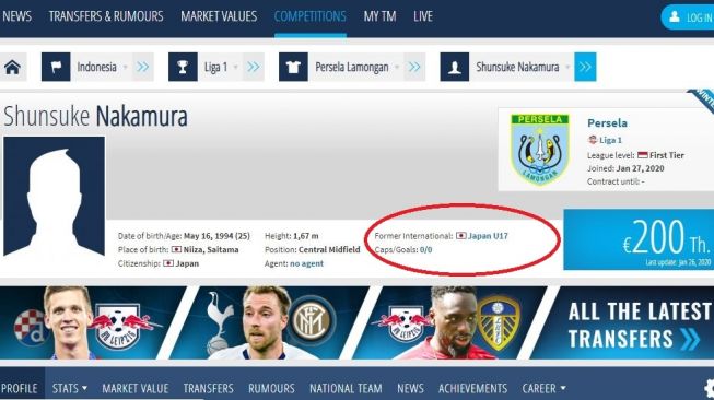 Profil Shunsuke Nakamura. (Transfermarkt).
