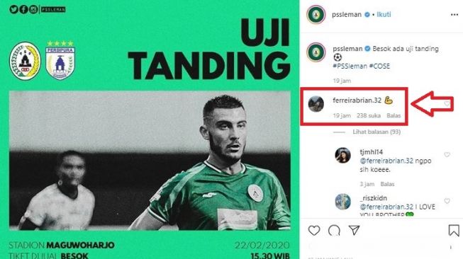 Brian Ferreira beri semangat untuk PSS Sleman. (Instagram/@pssleman).