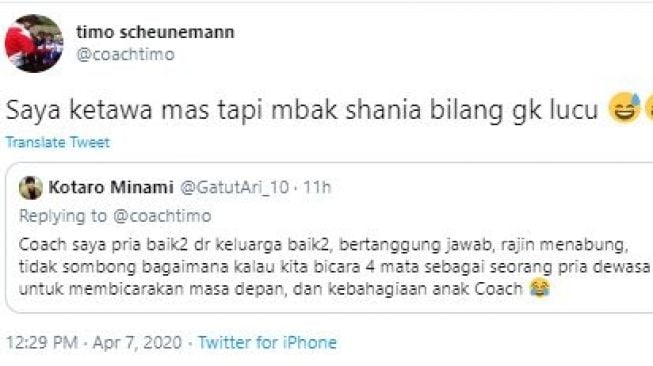 Tanggapan Timo Scheunemann saat ada netizen yang ingin melamar anaknya. (Twitter/@coachtimo).