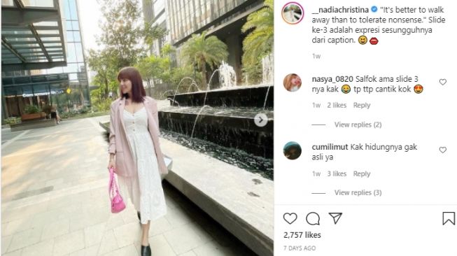 Potret Nadia Christina istri Alfath Fathier. [Instagram/__nadiachristina]