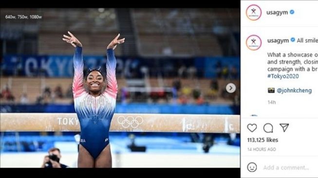 Simone Biles tanding di final balok keseimbangan Olimpiade Tokyo 2020,Selasa (3/8/2021). (Instagram/@usagym)