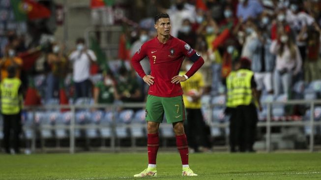 Penyerang timnas Portugal Cristiano Ronaldo dalam matchday keempat Grup A kualifikasi Piala Dunia 2022 zona Eropa antara Portugal vs Irlandia di stadion Algarve di Loule, dekat Faro, Portugal selatan, pada September 1, 2021.CARLOS COSTA / AFP.