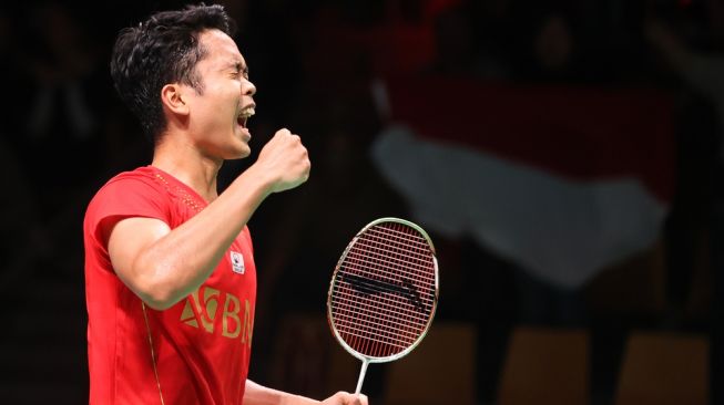 Tunggal putra Indonesia Anthony Sinisuka Ginting saat tampil di Piala Thomas dan Uber 2021 di Ceres Arena, Aarhus, Denmark. [BWF/Badminton Photo/Raphael Sachetat]