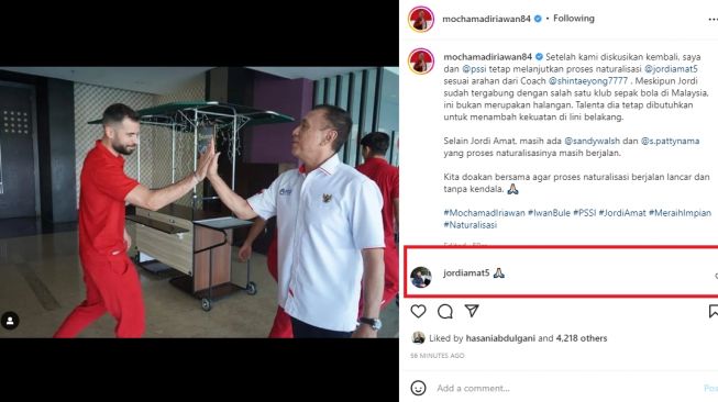 Jordi Amat merespons unggahan Ketum PSSI yang menyebut proses naturalisasi dirinya akan tetap dilanjut. (Instagram/mochamadiriawan84)