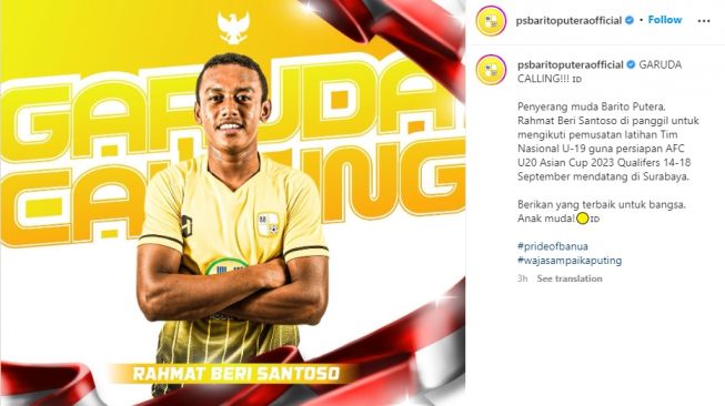 Striker muda Barito Putera, Rahmat Beri Santoso jadi pemain baru yang dipanggil Shin Tae-yong ke TC timnas Indonesia Uu-19. (Instagram/psbaritoputeraofficial)