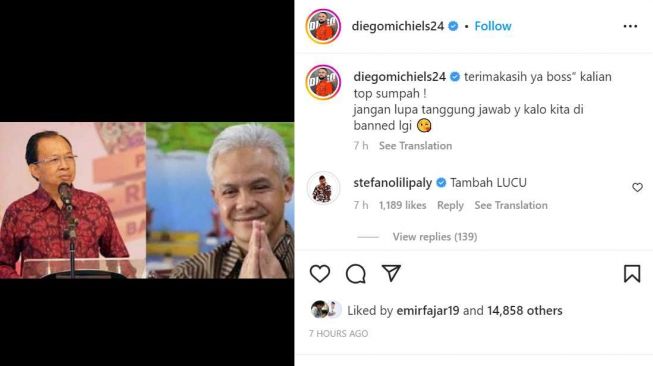 Pemain naturalisasi Indonesia, Diego Michels mengunggah foto Gubernur Bali I Wayan Koster dan Gubernur Jawa Tengah Ganjar Pranowo di Instagram. [Ig/@diegomichels24]