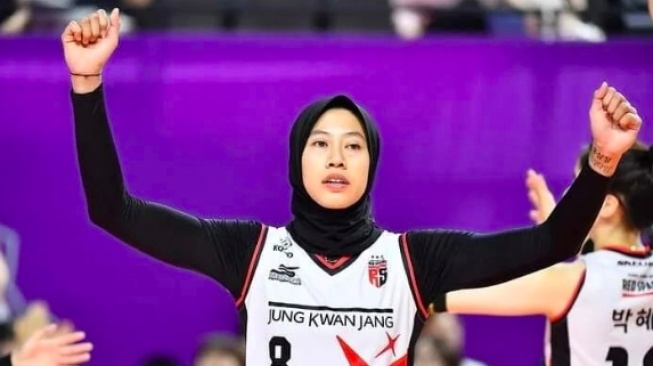 Aksi Megawati Hangestri Pertiwi saat tampil bersama Red Sparks di Liga Voli Korea. (Instagram/dhvolley)