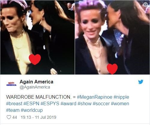 Payudara Megan Rapinoe terlihat di acara ESPYS. (Twitter/@AgainAmerica).