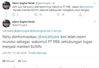 Tweet Glenn Sugita soal Erick Thohir. (Twitter/@glennsugita).