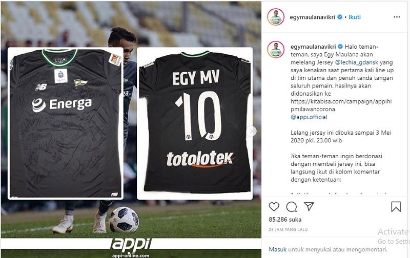 Jersey Egy Maulana Vikri dilelang (Screenshoot Instagram egymaulanavikri) 