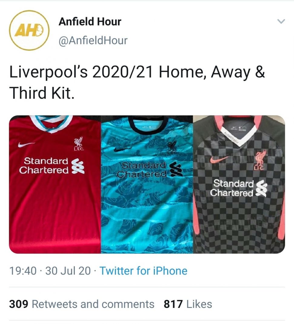 Bocoran jersey baru Liverpool dengan apparel Nike. (Twitter/@anfieldhour)