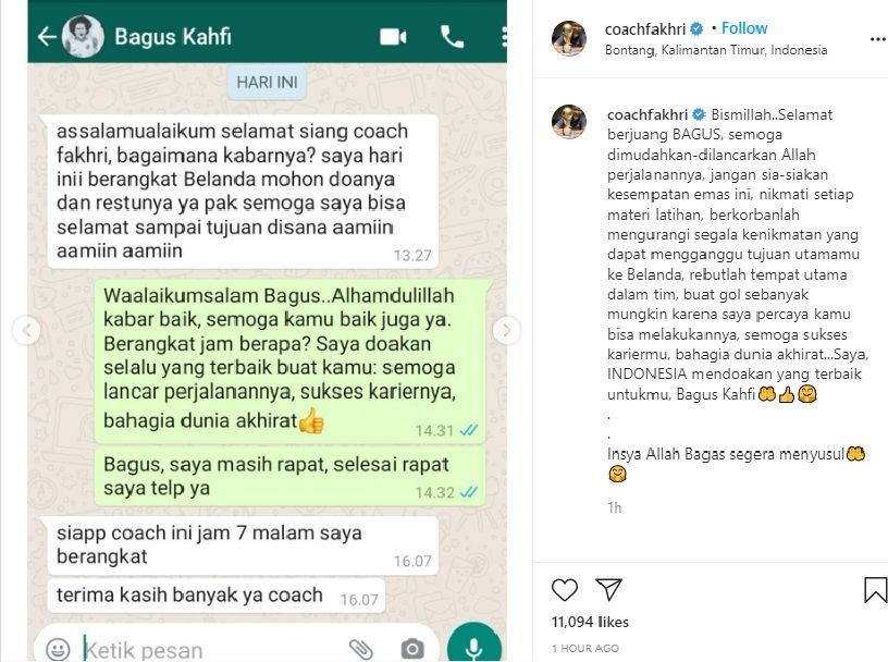 Fakhri Husaini bagikan kabar Bagus Kahfi berangkat ke Belanda malam ini. (Instagram/coachfakhri)