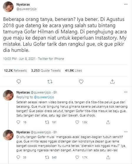 Pengakuan warganet sebut Gofar Hilman pernah lakukan pelecehan seksual. (Twitter/quweenjojo)