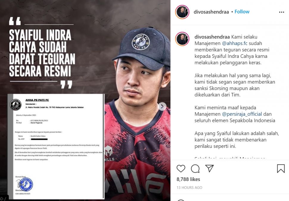 Manajemen AHHA PS Pati memberi surat teguran kepada Syaiful Indra Cahya yang ditandatangani oleh COO klub, Divo Sashendra. [Instagram/@divosashendraa]