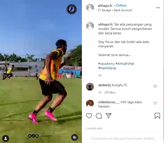 Cuplikan video latihan AHHA PS Pati FC yang diunggah di Instagram. (Instagram/ahhaps.fc)