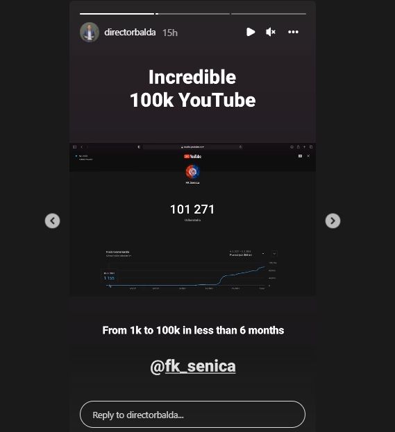 Postingan David Balda yang memperlihatkan lonjakan subscriber YouTube FK Senica. (Instagram/directorbalda)