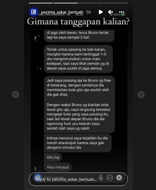 Pemain PS Siak yang berikan umpan ke Bruno Casimir membeberkan kronologi di lapangan. (Instagram/pecinta_askar_bertuah)