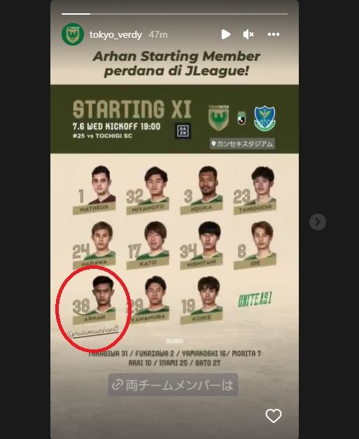 Pratama Arhan debut di Tokyo Verdy. (Instagram/tokyo_verdy)