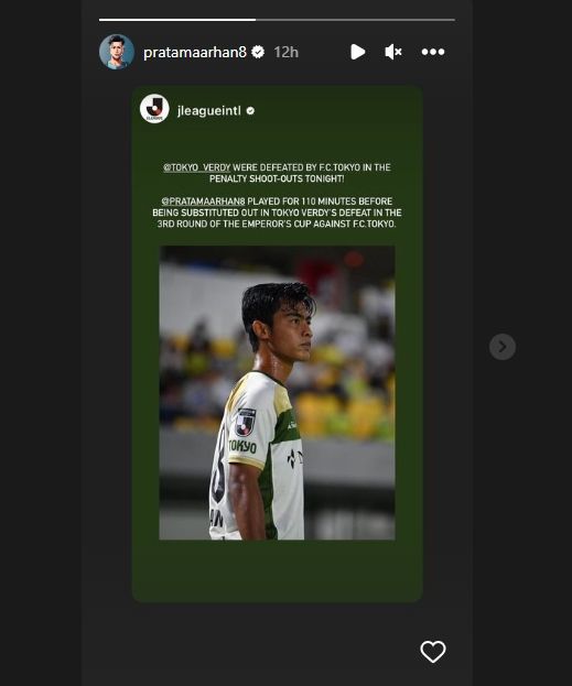 Pratama Arhan disorot oleh akun J League usai tampil 110 menit bareng Tokyo Verdy. (Instagram/pratamaarhan8)